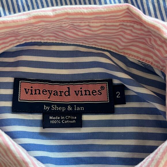 Vineyard Vines Blue White Stripe Pink Trim Ruffle Button Front Shirt Size 2 - Picture 4 of 4